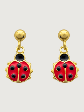 Front View of Little Princess Lady Bug Earrings in 18k Gold plated Sterling Silver Jewelry for Pierced Ears Plated 925 Metal One Size 1.7gms