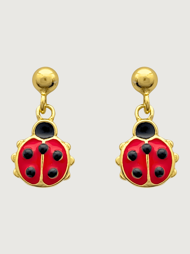 Front View of Little Princess Lady Bug Earrings in 18k Gold plated Sterling Silver Jewelry for Pierced Ears Plated 925 Metal One Size 1.7gms