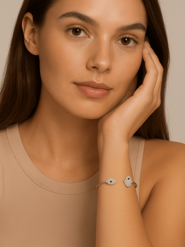 Model Wearing Amani Hamsa and Evil Eye Bangle in 925 Sterling Silver Comfort Fit Metal 16 cm 2.6gms