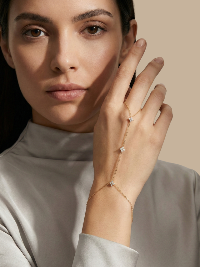Model Wearing Irene Star Hand Chain Bracelet in 18k Gold Plated 925 Sterling Silver Comfort Fit One Size 1.5gms