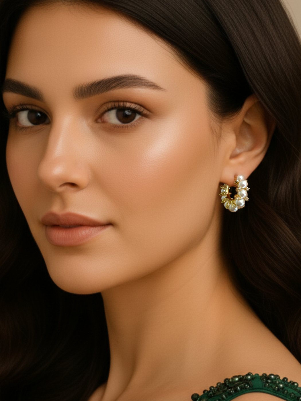 Model Wearing Leya Pearl Hoop earrings in 18k Gold Plated Metal Jewelry for Pierced Ears 18K Brass Stone 3 cm 9.5gms