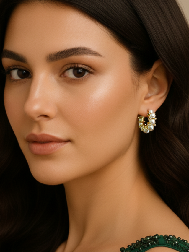 Model Wearing Leya Pearl Hoop earrings in 18k Gold Plated Metal Jewelry for Pierced Ears 18K Brass Stone 3 cm 9.5gms