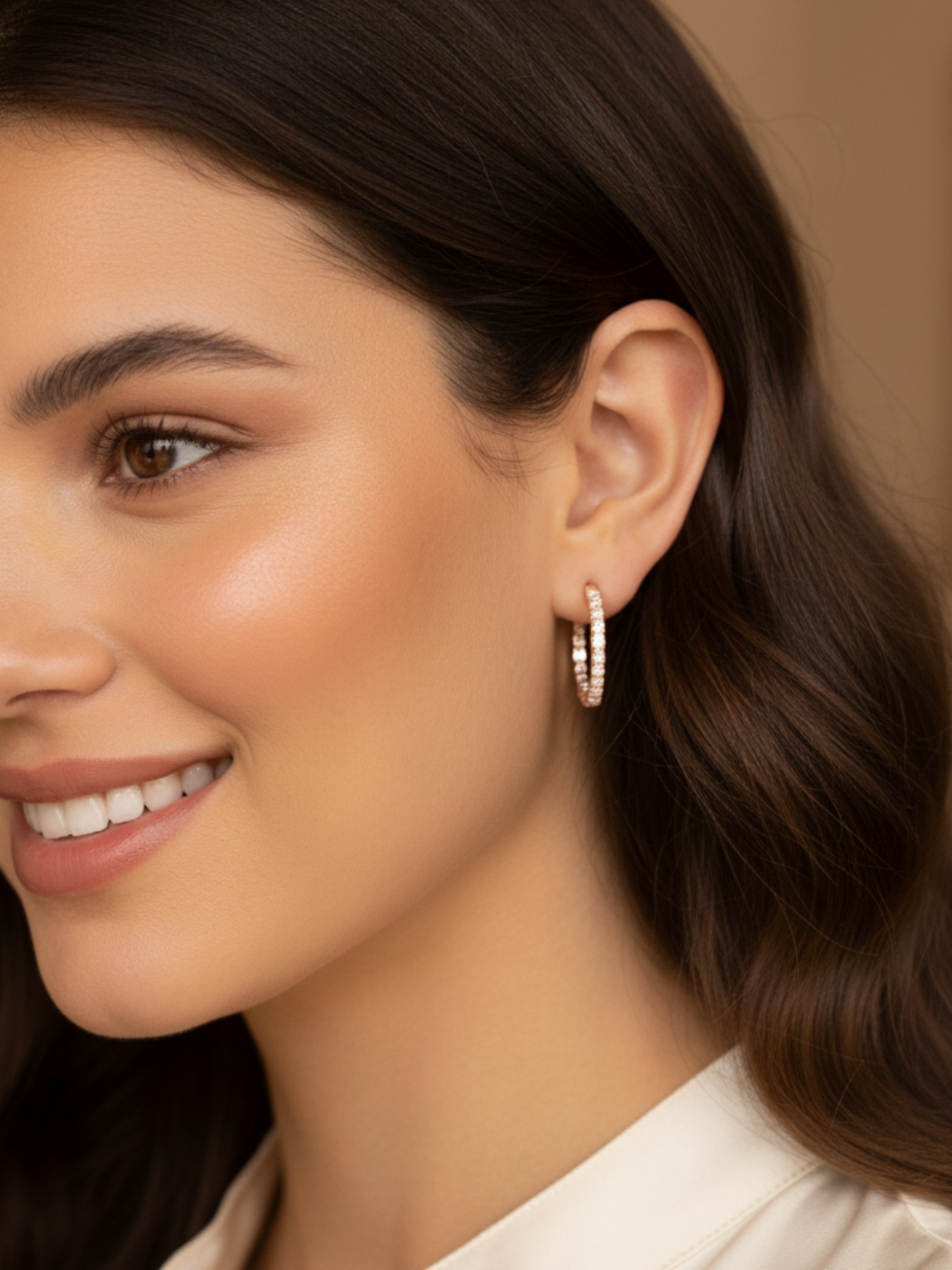 Alternate View of Model Wearing Nora Hoop Earrings in Sterling Silver with 18K Rose Gold Plating Jewelry for Pierced Ears 18k Plated 925 Metal Stone One Size 5.7gms