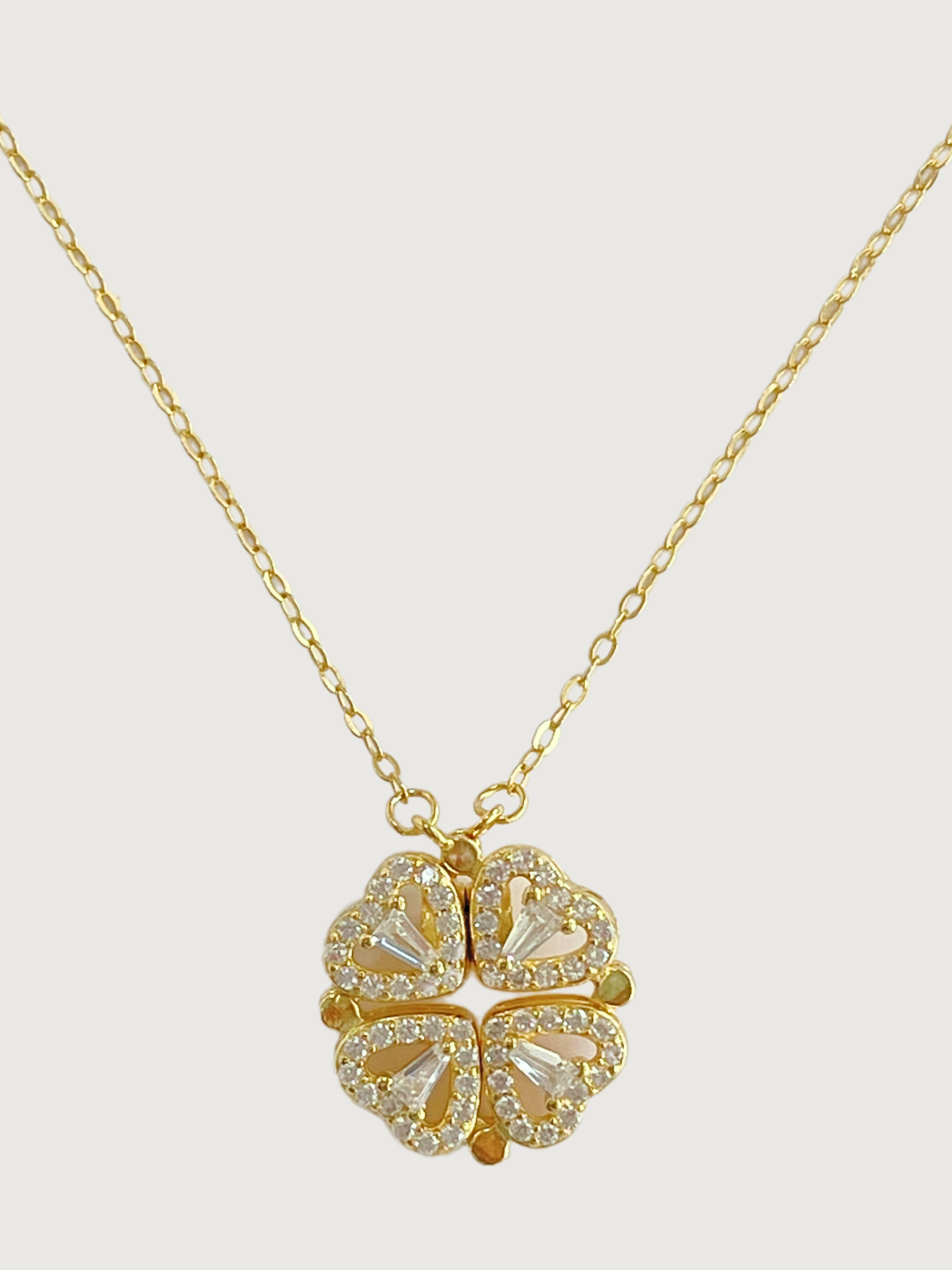 Front View of Cara Heart Clover Versatile Pendant Necklace in 18k Gold Plated Sterling Silver Adjustable Length 925 Metal 16 inches 3gms