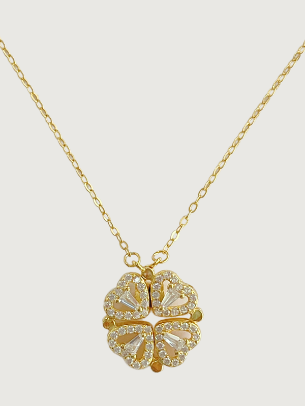 Front View of Cara Heart Clover Versatile Pendant Necklace in 18k Gold Plated Sterling Silver Adjustable Length 925 Metal 16 inches 3gms
