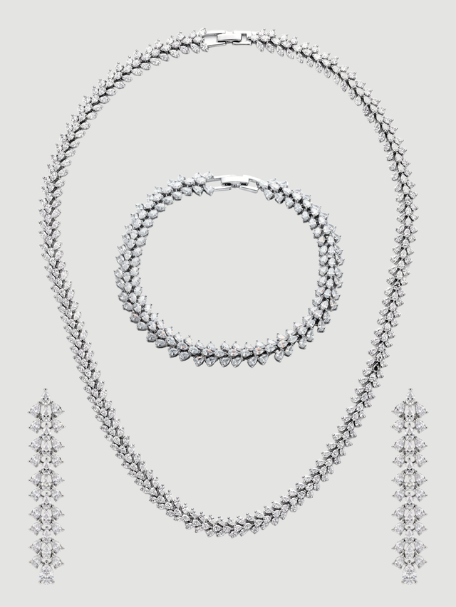 Front View of Blair Necklace Set with Earrings and Ring in Rhodium Plated Metal Comfort Fit Copper One Size 40.4gms Mix