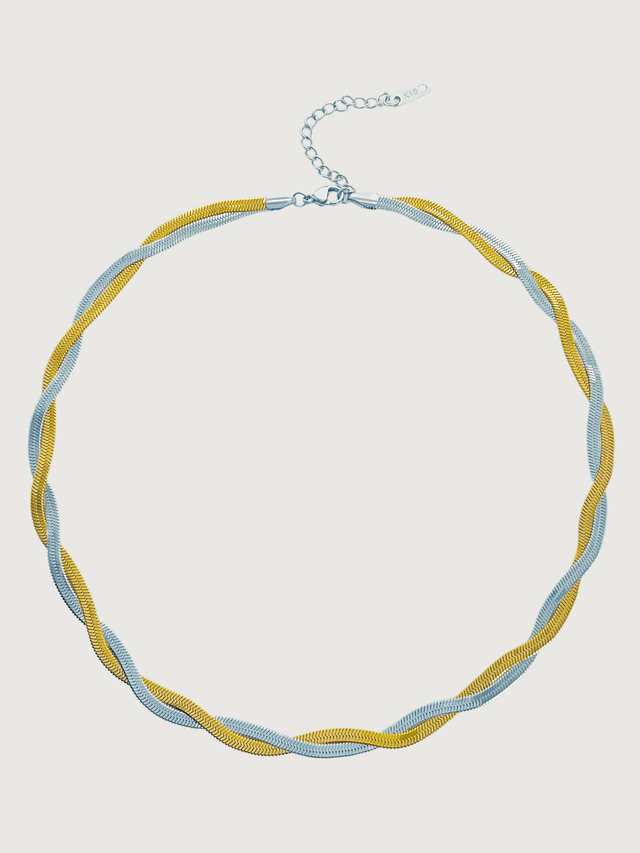 Front View of Raia Two-tone Ripple Necklace in 18K Gold Plated Metal Adjustable Length Two Tone | Tarnish Resistant Steel Water Hypoallergenic Durable Jewelry Sweat Eco - Friendly One Size 11gms