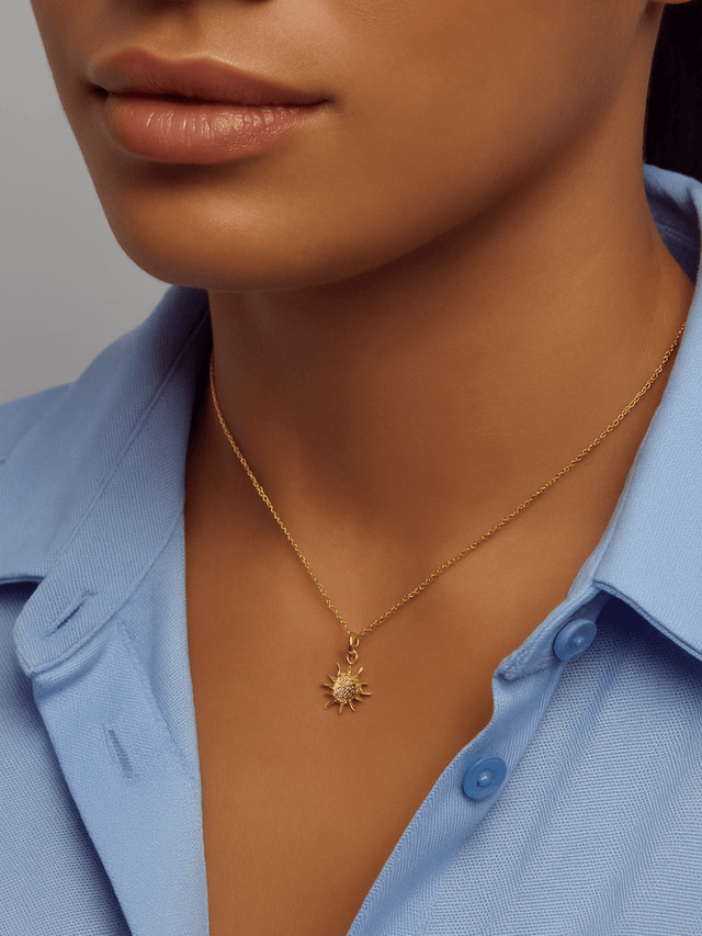Model Wearing Sunburst Pendant Necklace in 18k Gold Plated Sterling Silver Fixed Length 925 Metal Brass 18 inches 2.1gms