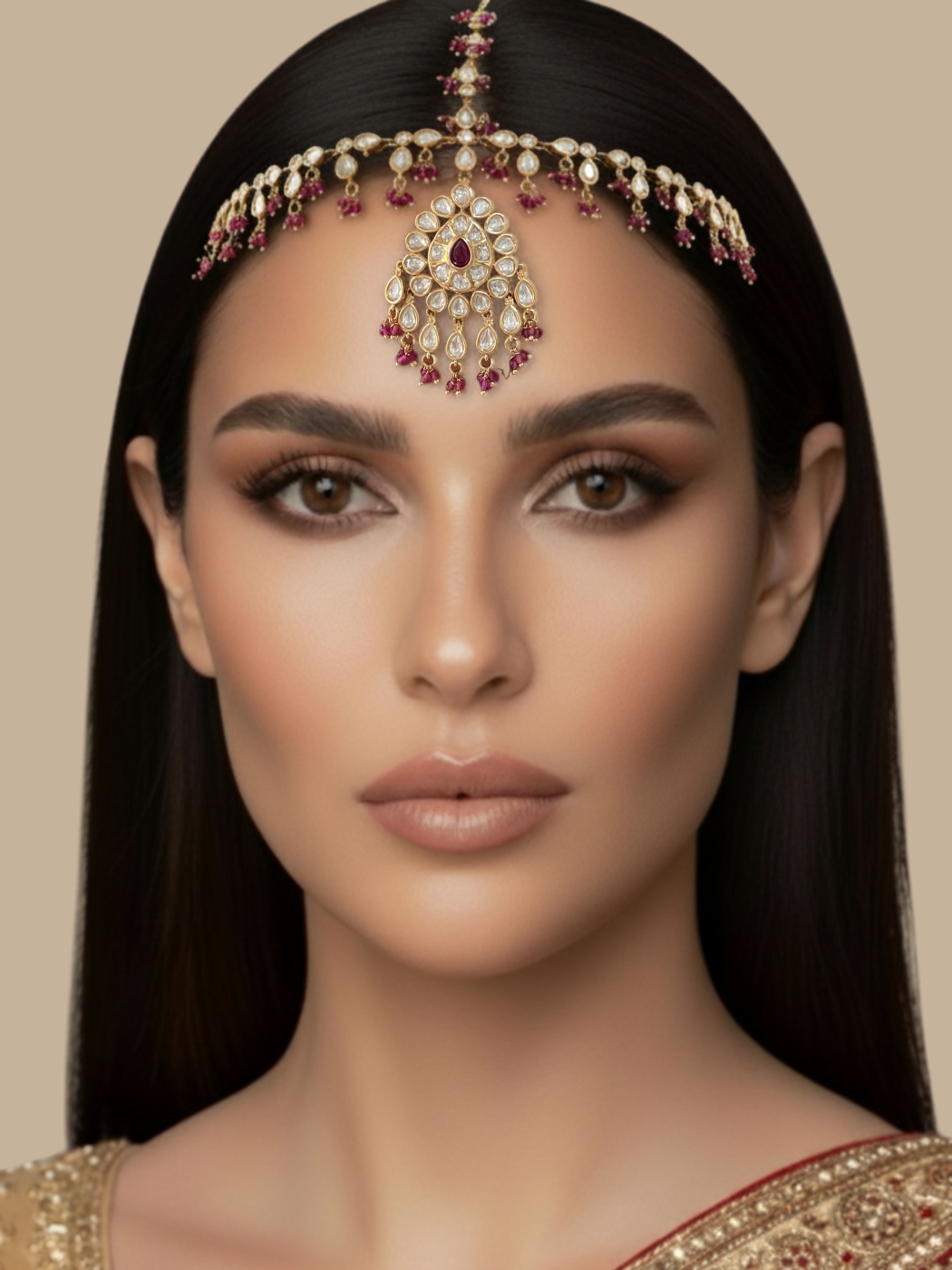 Model Wearing Nidhi Kundan Polki Matha-Patti in Gold Finish Comfort Fit Plated Brass Metal Stone One Size 48gms