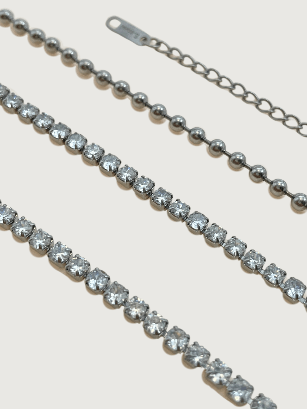 Closeup of Sarah Waterproof Tennis Necklace Adjustable Length Rhodium Plated | Tarnish Resistant Steel Water Hypoallergenic Sweat Durable Jewelry Metal Eco - Friendly One Size 7.3gms Sterling Silver