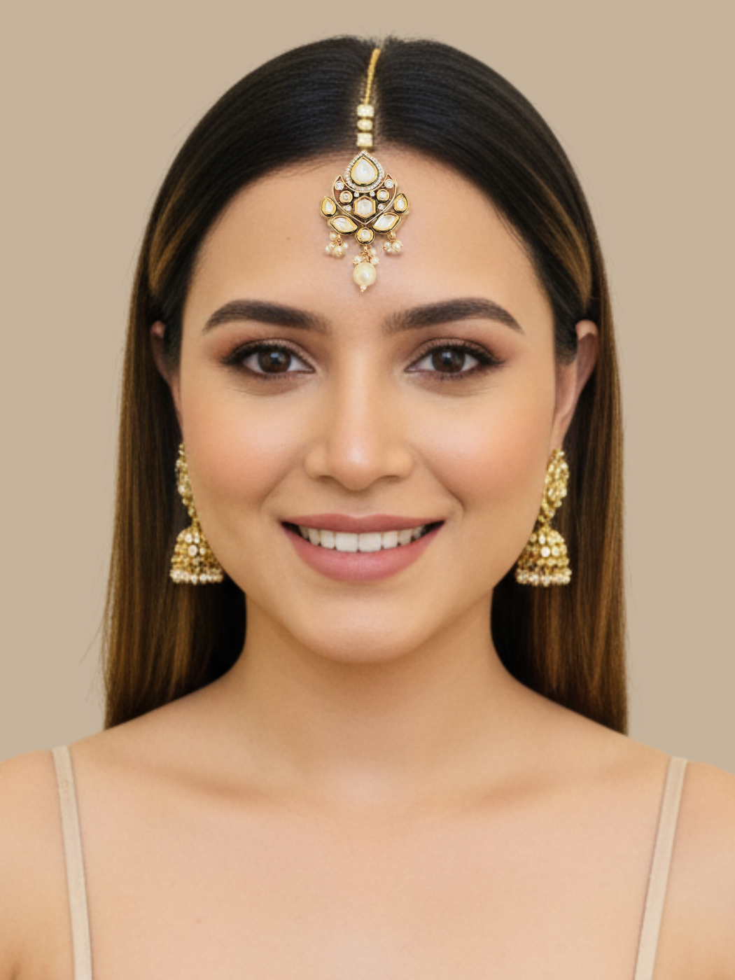 Model Wearing Falak Pearl Mang Tikka in Gold Finish Fixed Length Plated Brass Metal Stone One Size 11.9gms