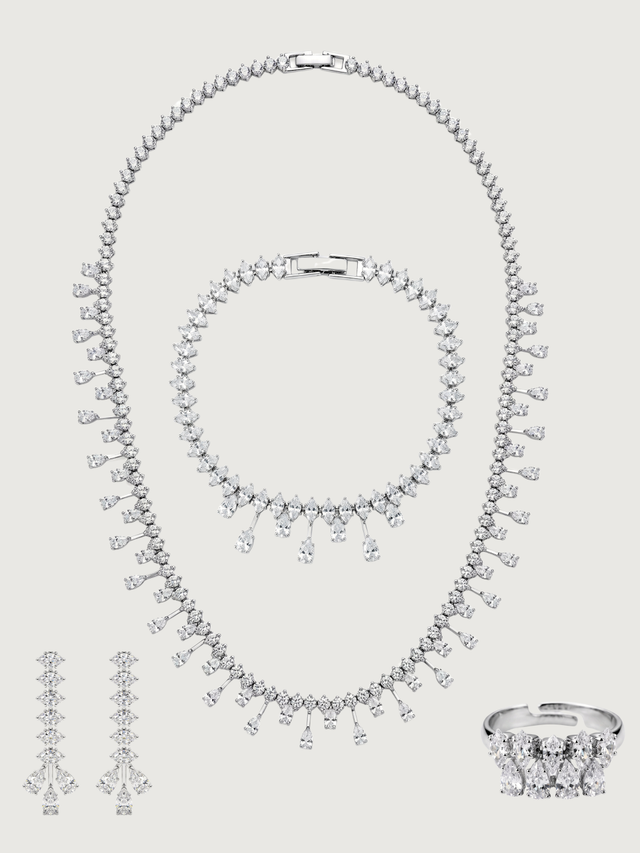 Front View of Evie Necklace with bracelet Earrings and Ring in Rhodium Plated Metal Comfort Fit Copper One Size 29.4gms Mix