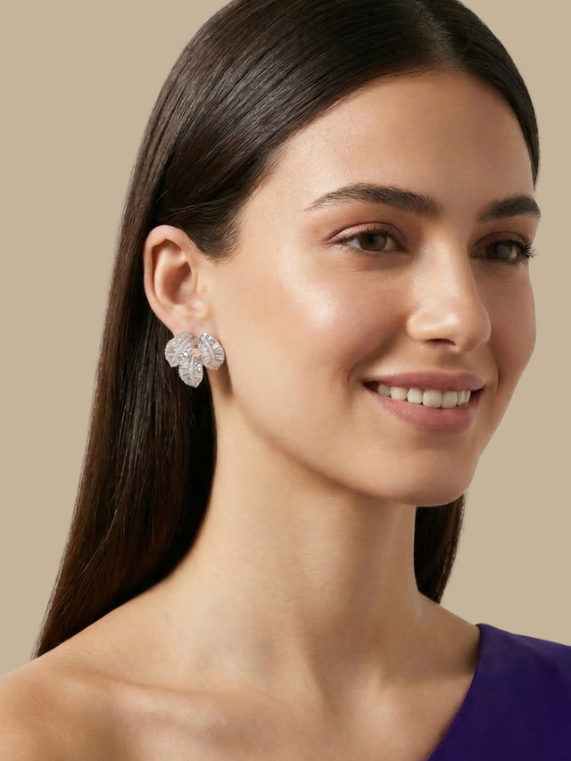 Model Wearing Camille Crystal Leaf Drop Earrings Jewelry for Pierced Ears Rhodium Plated Copper Post / Pin & Push in 925 Sterling Silver Stamp Marked 24.42 mm 9.1gms