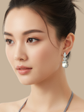 Model Wearing Rania Pearl Dangle Earrings Jewelry for Pierced Ears Post / Pin & Push in 925 Sterling Silver Stamp Marked Plated Brass 4 cm 11gms