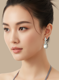 Model Wearing Rania Pearl Dangle Earrings Jewelry for Pierced Ears Post / Pin & Push in 925 Sterling Silver Stamp Marked Plated Brass 4 cm 11gms