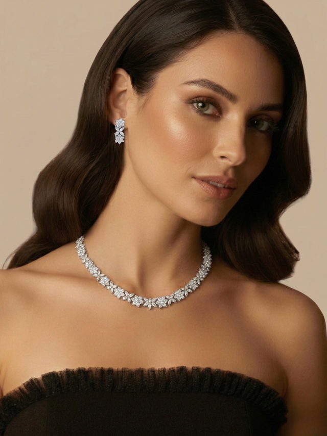 Model Wearing Lumiere Necklace Set with Earrings in Rhodium Plated Metal Comfort Fit Copper 16 inches 47.3gms Mix