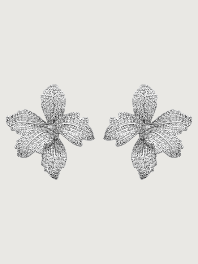 Front View of Orchid Bloom Stud Earrings in Rhodium-Plated Metal Jewelry for Pierced Ears Rhodium Plated Copper 925 Sterling Silver One Size 10.1gms