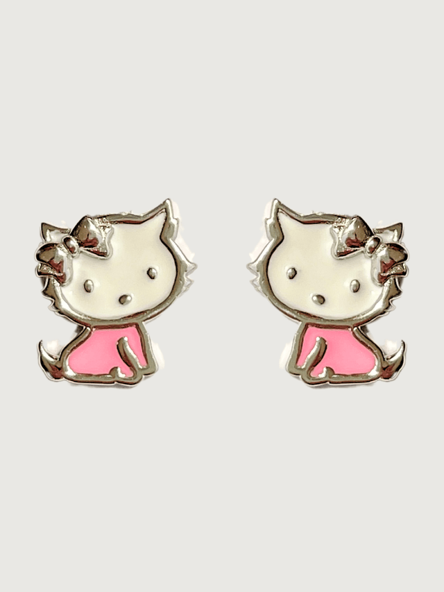 Front View of Cleo Kitty Enamel Stud Earrings in 925 Sterling Silver Jewelry for Pierced Ears Metal One Size 1.6gms