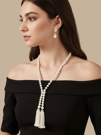 Alternate View of Model Wearing Hessa Tassel Pearl Necklace with Brass clip Fixed Length Rhodium Plated 32 inches 72.2gms