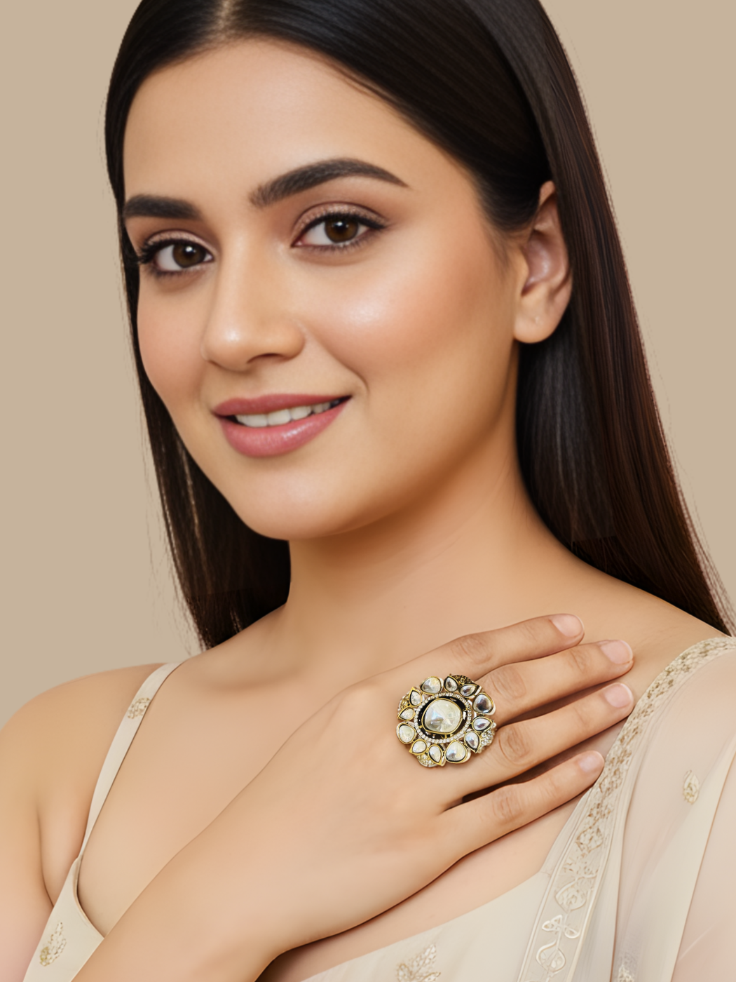 Model Wearing Pallavi Polki Ring in Gold Plated Metal Open-Adjustable-Resizable Brass One Size 15.2gms