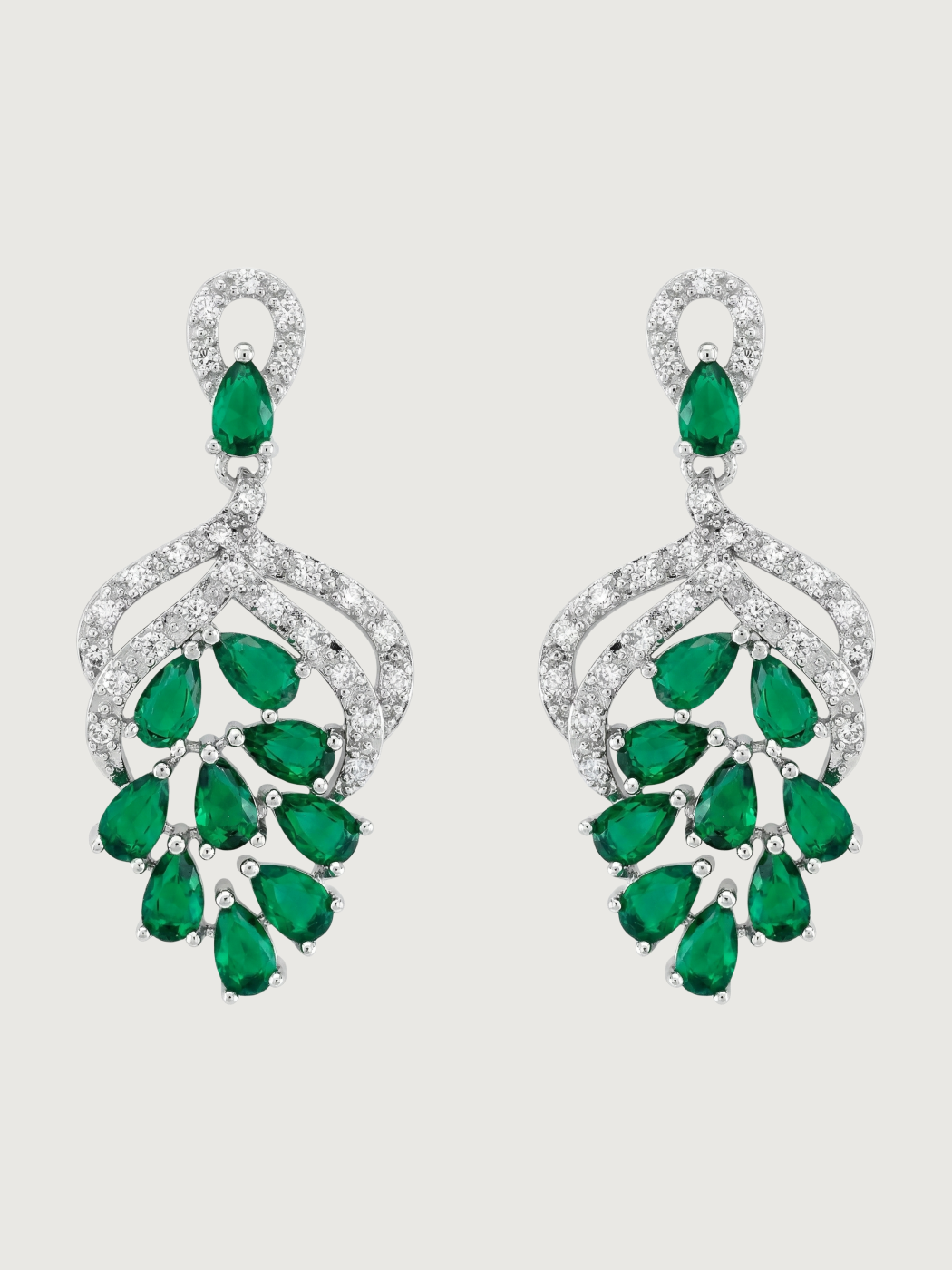 Front View of Lyra Vine Cluster Drop Earrings in Rhodium Plated Metal-Green Jewelry for Pierced Ears Post / Pin & Push 925 Sterling Silver Stamp Marked Brass 3.5 cm 6.5gms