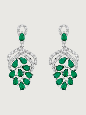 Front View of Lyra Vine Cluster Drop Earrings in Rhodium Plated Metal-Green Jewelry for Pierced Ears Post / Pin & Push 925 Sterling Silver Stamp Marked Brass 3.5 cm 6.5gms