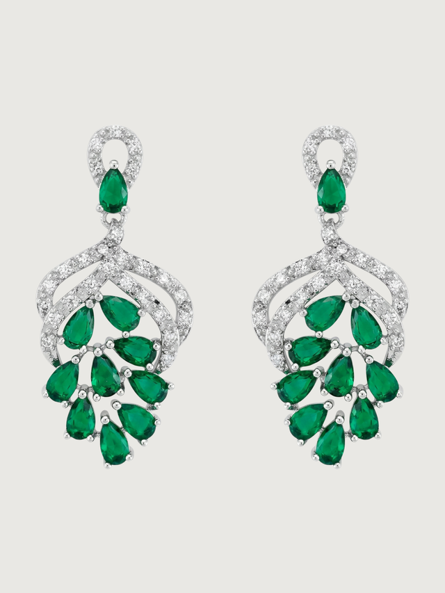 Front View of Lyra Vine Cluster Drop Earrings in Rhodium Plated Metal-Green Jewelry for Pierced Ears Post / Pin & Push 925 Sterling Silver Stamp Marked Brass 3.5 cm 6.5gms