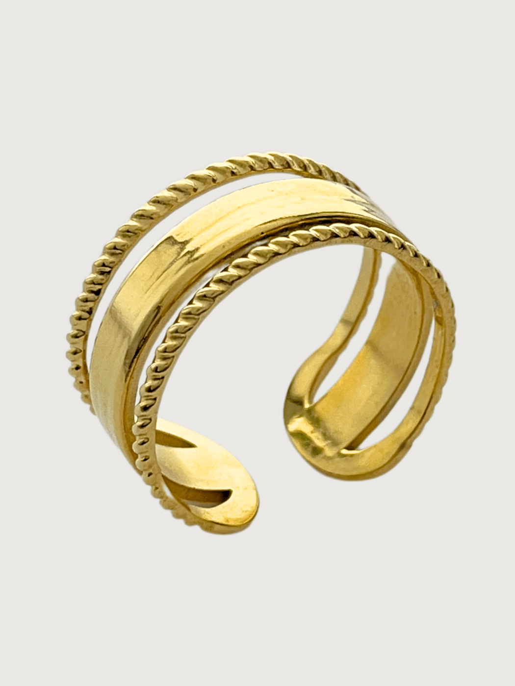 Closeup of Isabella Open Ring in 18k Gold-Plated Metal Open-Adjustable-Resizable Gold Plated Steel | Hypoallergenic Tarnish Resistant Sweat Water Eco - Friendly One Size 2.9gms