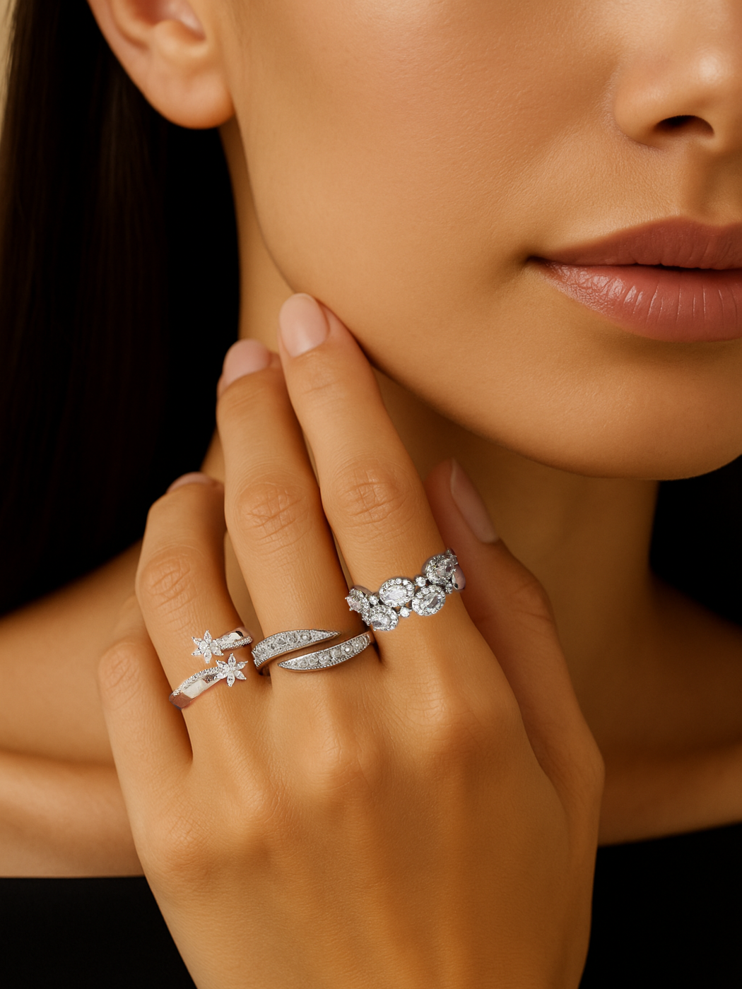 Model Wearing Aya Bliss Open Adjustable Ring in 925 Sterling SIlver Comfort Fit Silver One Size 3.47gms