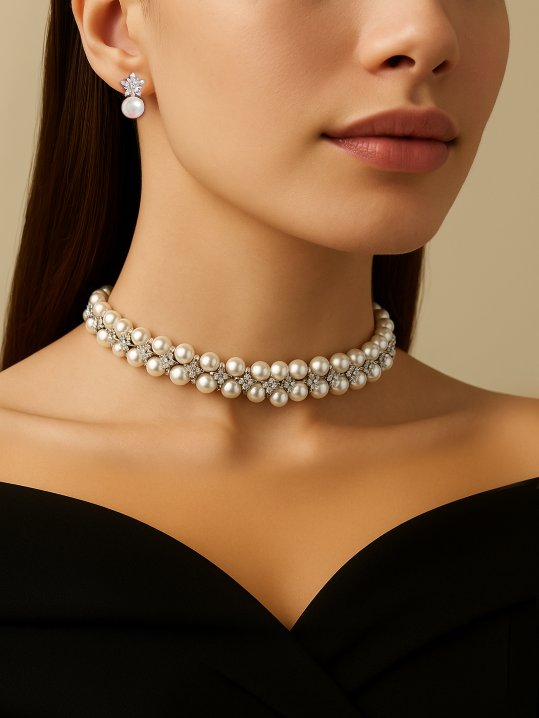 Alternate View of Model Wearing Amelia Pearl Choker Necklace Adjustable Length 925 Sterling Silver Metal Stone 13 inches 82.9gms