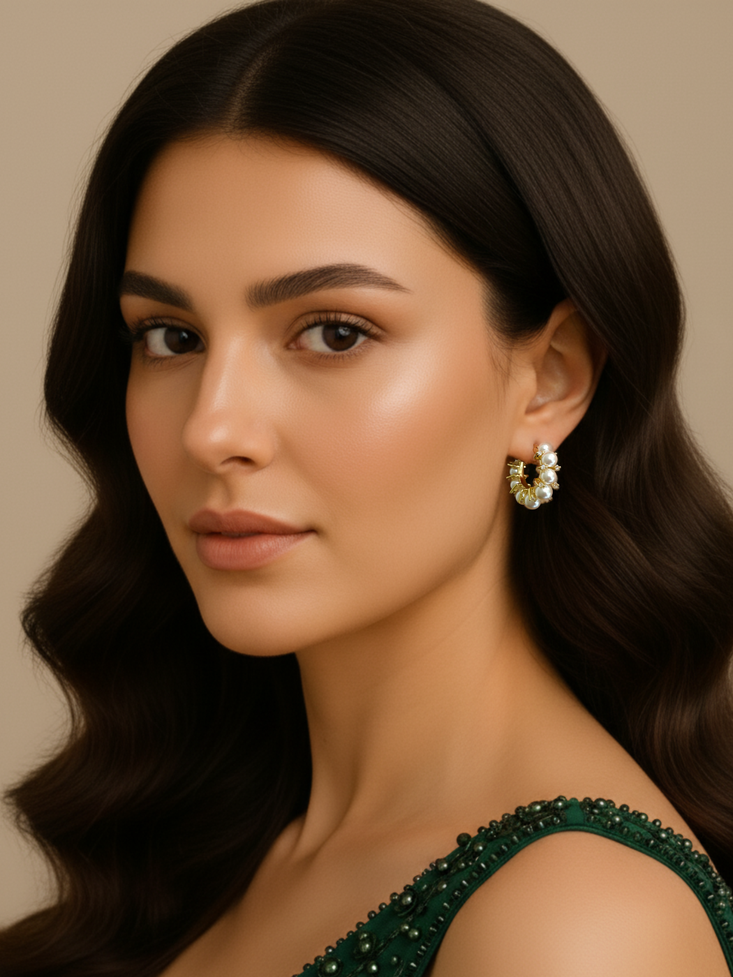 Alternate View of Model Wearing Leya Pearl Hoop earrings in 18k Gold Plated Metal Jewelry for Pierced Ears 18K Brass Stone 3 cm 9.5gms