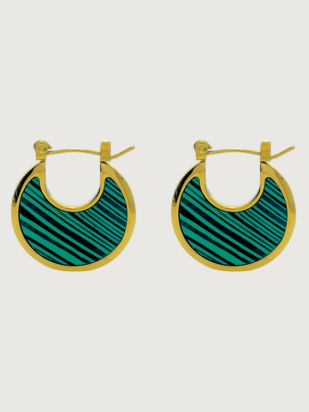Front View of Joana Green Hoop Earrings in 18k Gold Plated Metal Jewelry for Pierced Ears Steel | Hypoallergenic Tarnish Resistant Sweat Water Stone Eco - Friendly One Size 6.4gms