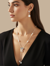 Alternate View of Model Wearing Hailey Long Necklace Adjustable Length 925 Sterling Silver Rhodium Plated Brass 30 inches 29.2gms