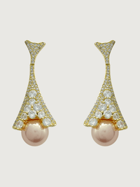Front View of Madeline Pearl Dangle Earrings in 18K Gold Plated Metal Jewelry for Pierced Ears Copper Stone One Size 11.5gms Sterling Silver