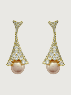 Front View of Madeline Pearl Dangle Earrings in 18K Gold Plated Metal Jewelry for Pierced Ears Copper Stone One Size 11.5gms Sterling Silver