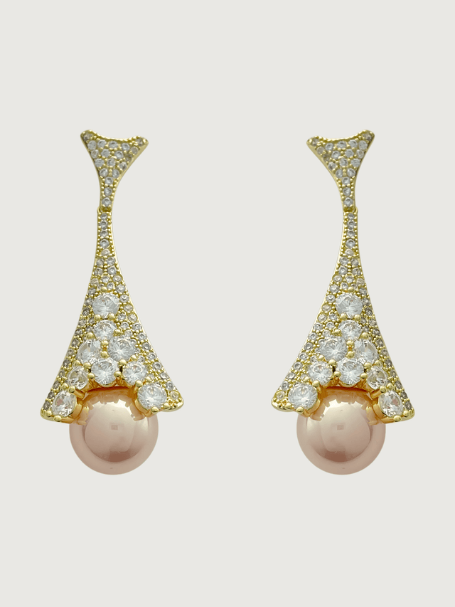 Front View of Madeline Pearl Dangle Earrings in 18K Gold Plated Metal Jewelry for Pierced Ears Copper Stone One Size 11.5gms Sterling Silver