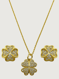 Front View of Cara Clover Pendant Necklace and Earrings in 18k Gold Plated Sterling Silver Fixed Length 925 Metal 16 inches 4.3gms