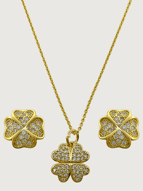 Front View of Cara Clover Pendant Necklace and Earrings in 18k Gold Plated Sterling Silver Fixed Length 925 Metal 16 inches 4.3gms