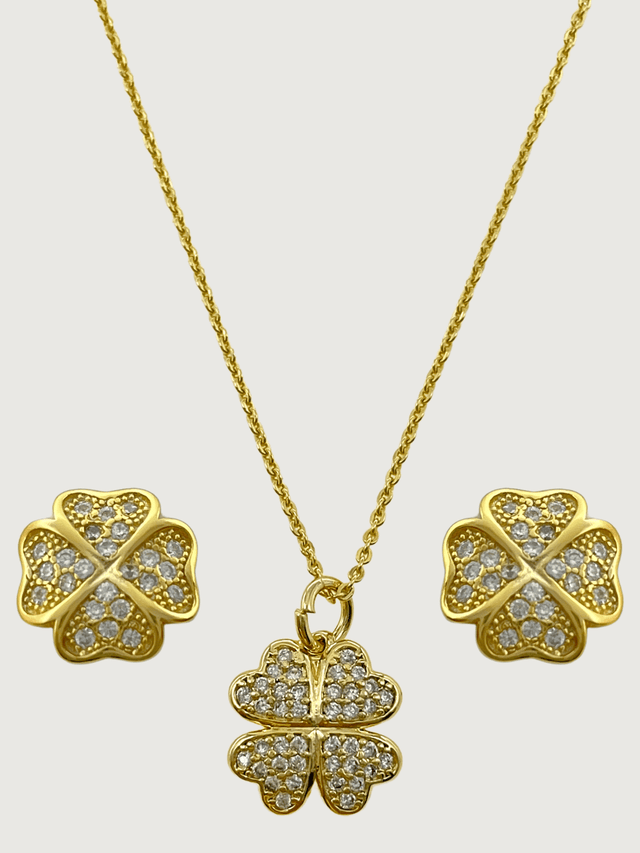 Front View of Cara Clover Pendant Necklace and Earrings in 18k Gold Plated Sterling Silver Fixed Length 925 Metal 16 inches 4.3gms