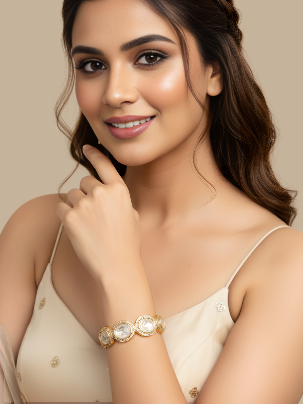 Model Wearing Diti Polki Bangles in Gold Plated Metal Comfort Fit Copper One Size 86.4gms