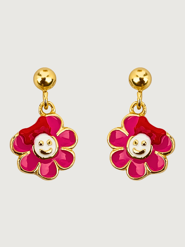 Front View of Little Princess Flower Dangle Earrings in 18k Gold Plated Sterling Silver Jewelry for Pierced Ears 925 Metal One Size 1.9gms