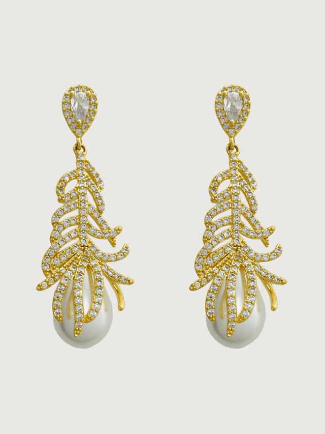 Front View of Callista Pearl Dangle Earrings in 18k Gold Plated Metal Jewelry for Pierced Ears 925 Sterling Silver Stone One Size 7gms