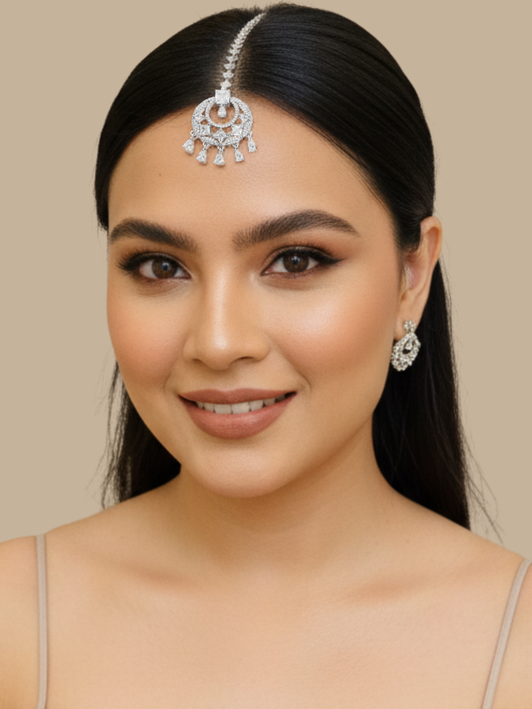 Model Wearing Ahana Maang Tikka Fixed Length Silver Plated Brass Metal One Size 10gms