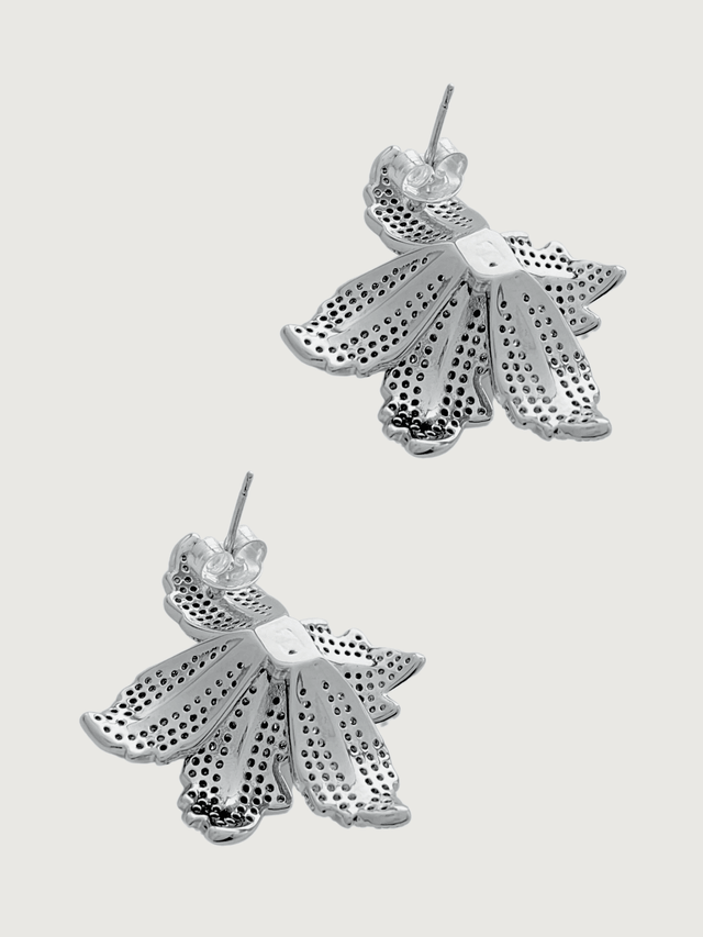 Rear View of Orchid Bloom Stud Earrings in Rhodium-Plated Metal Jewelry for Pierced Ears Rhodium Plated Copper 925 Sterling Silver One Size 10.1gms