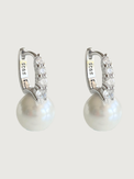 Front View of Bianca Pearl Huggie Hoop Earrings in 925 Sterling Silver Jewelry for Pierced Ears Metal Stone 2 cm 3.7gms