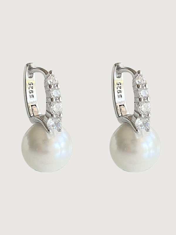 Front View of Bianca Pearl Huggie Hoop Earrings in 925 Sterling Silver Jewelry for Pierced Ears Metal Stone 2 cm 3.7gms