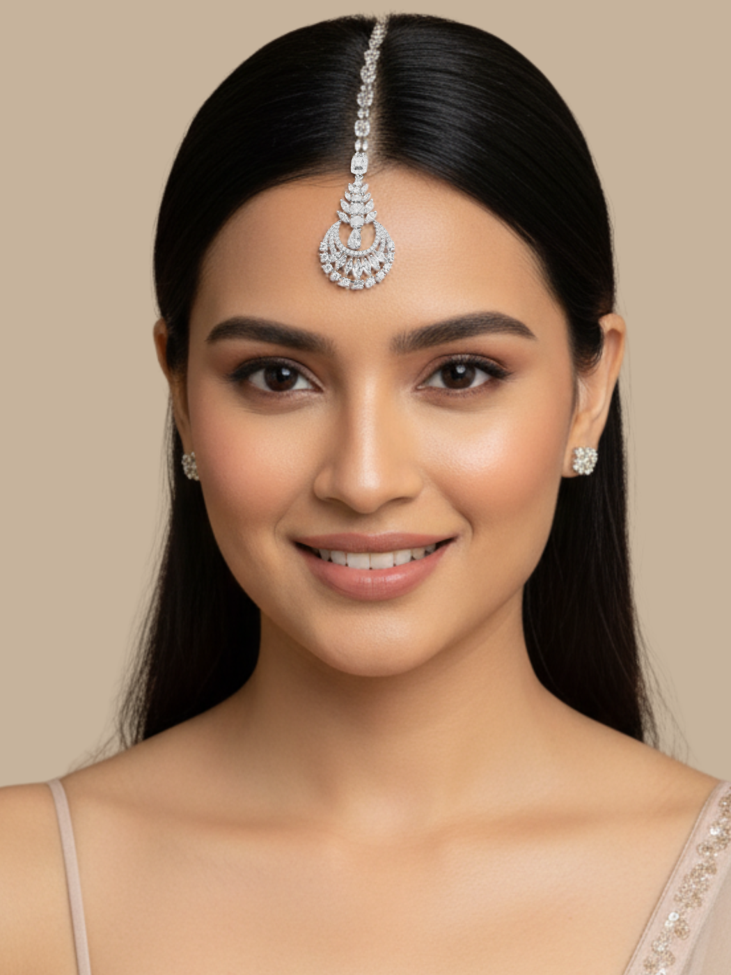 Model Wearing Rishika Maang Tikka Fixed Length Silver Plated Brass Metal One Size 8.1gms