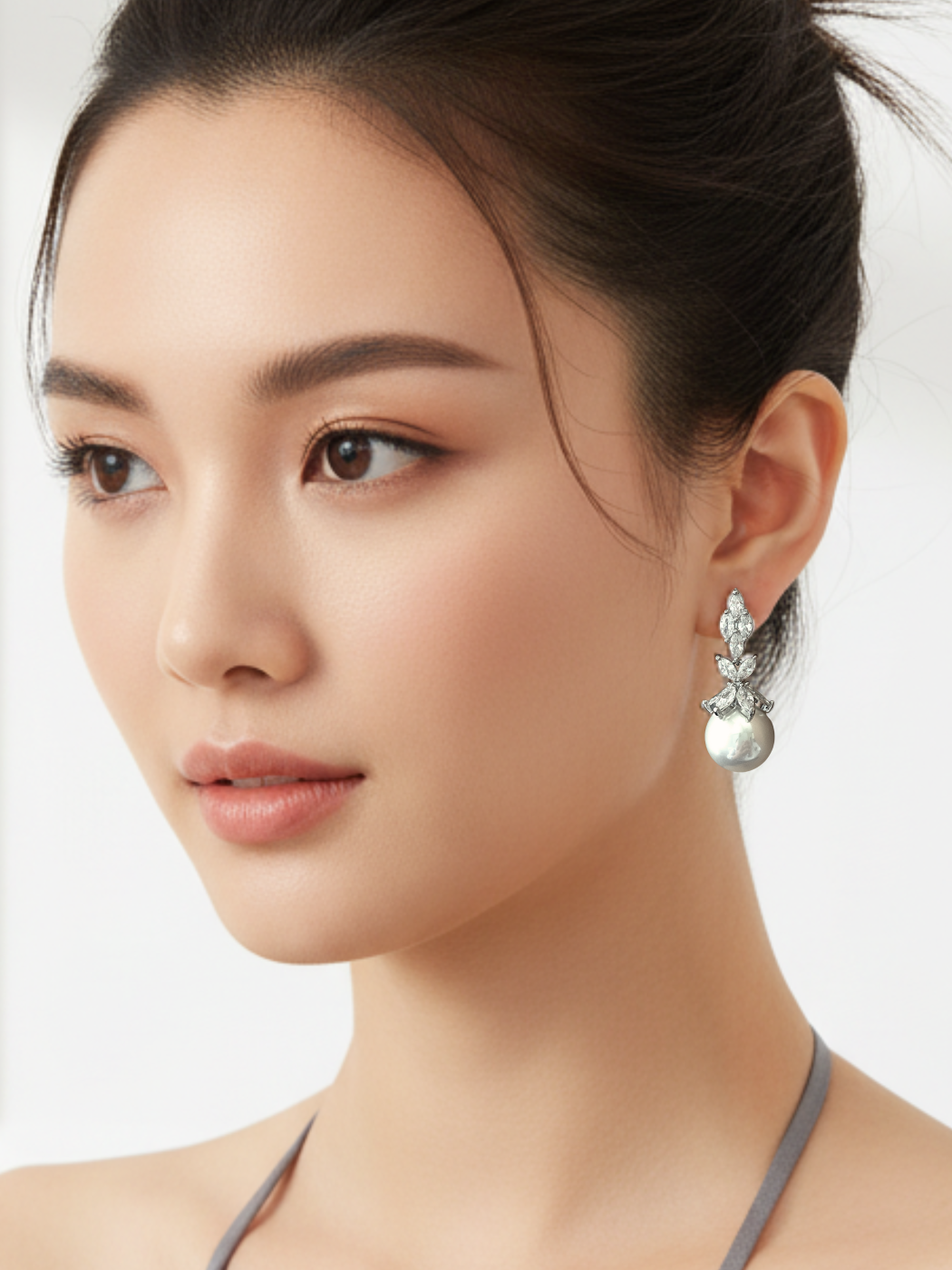 Model Wearing Rania Pearl Dangle Earrings Jewelry for Pierced Ears Post / Pin & Push in 925 Sterling Silver Stamp Marked Plated Brass Metal 4 cm 11gms
