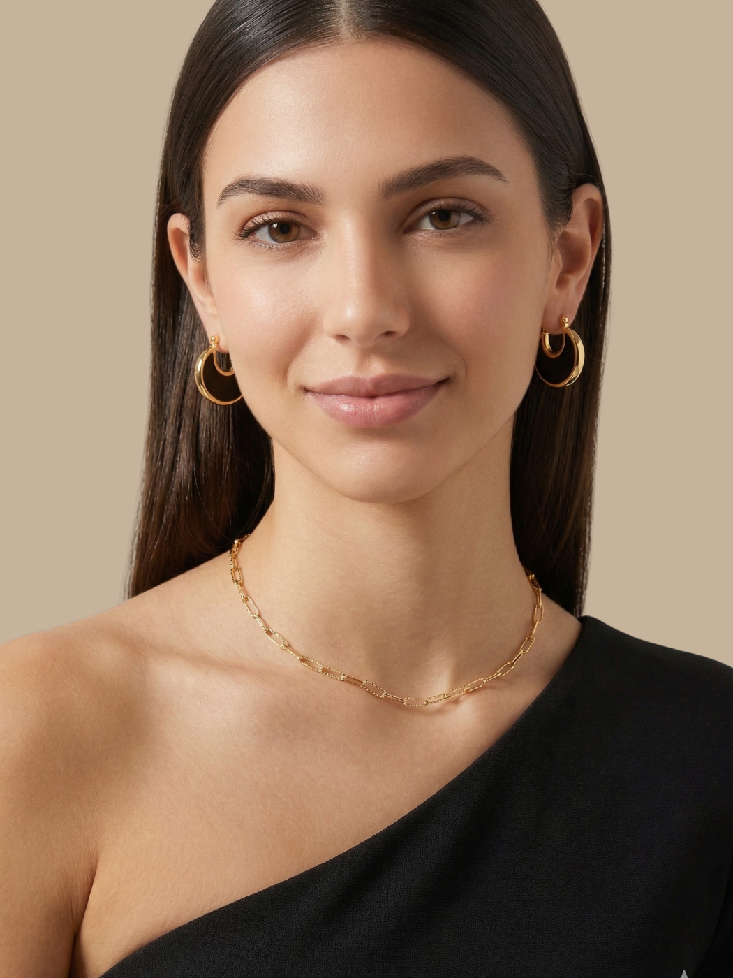 Alternate View of Model Wearing Joana Black Hoop Earrings Jewelry for Pierced Ears 18k Gold Plated Steel | Hypoallergenic Tarnish Resistant Sweat Water Eco - Friendly One Size 5.9gms Stainless