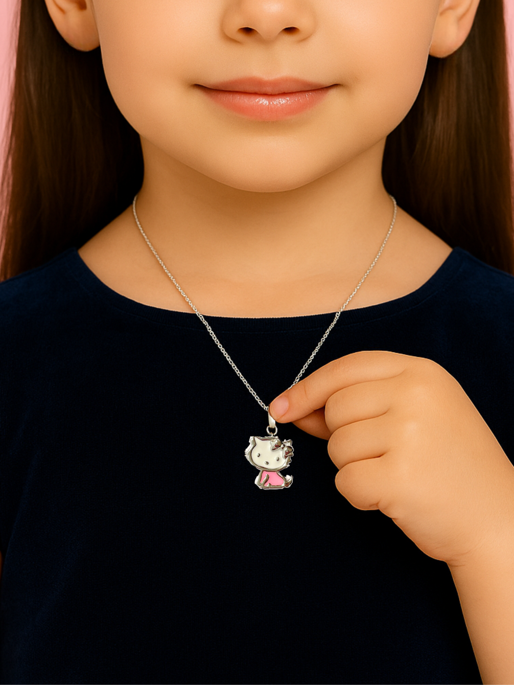 Model Wearing Cleo Kitty Enamel Pendant Necklace in 925 Sterling Silver Regular Metal One Size 2.6gms
